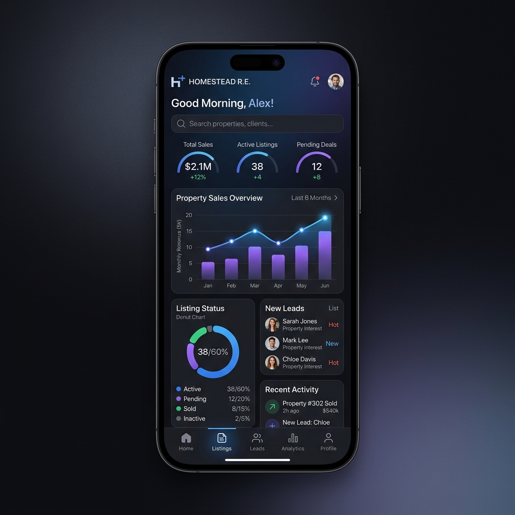Broker Management Application dashboard mock-up on mobile